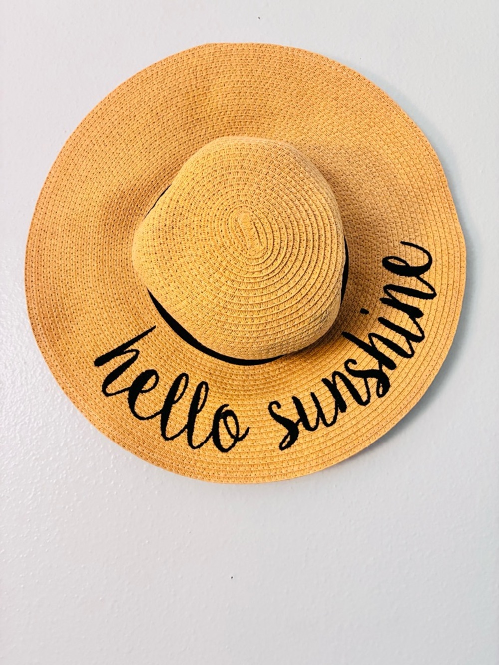 C.C Yellow Straw Sun Hat with Black Script "hello sunshine"
